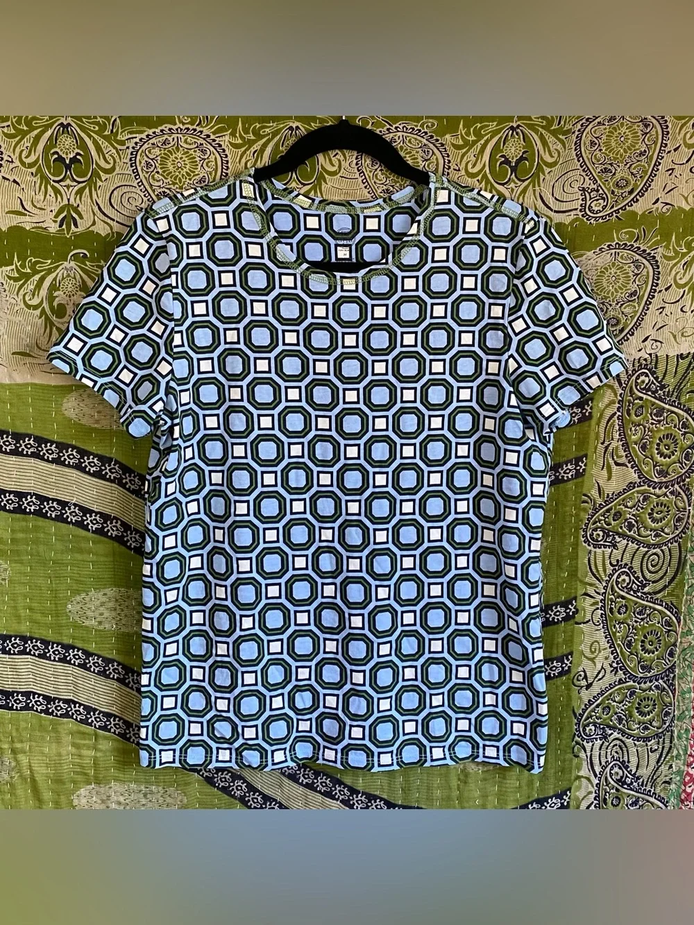 Tory Burch Louis Blue/ White/ Green Geometric Print Cotton T-Shirt Size Medium